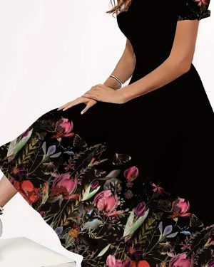 TEMU Plus Size Floral Print Dress - Elegant Round Neck Short Sleeve A-line Skirt, Vibrant Tulip & Foliage Pattern On Black, Machine Washable