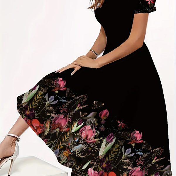 TEMU Plus Size Floral Print Dress - Elegant Round Neck Short Sleeve A-line Skirt, Vibrant Tulip & Foliage Pattern On Black, Machine Washable