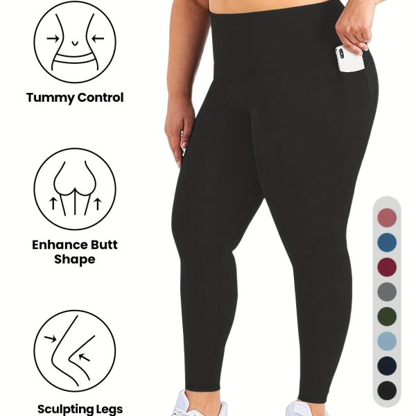 TEMU Plus Size High Waist Yoga Pants With Side Pockets - 88% Polyester 12% Elastane Stretchy Tummy Control Leggings, Sculpting Workout Gym Activewear