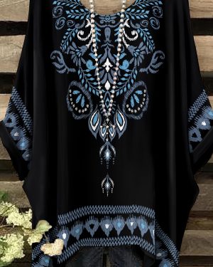 TEMU Plus Size - Women's Plus Size Bohemian Print Tunic Top - Black With Geometric Patterns, Short Sleeve, Round Neck, Casual & Comfortable, Summer