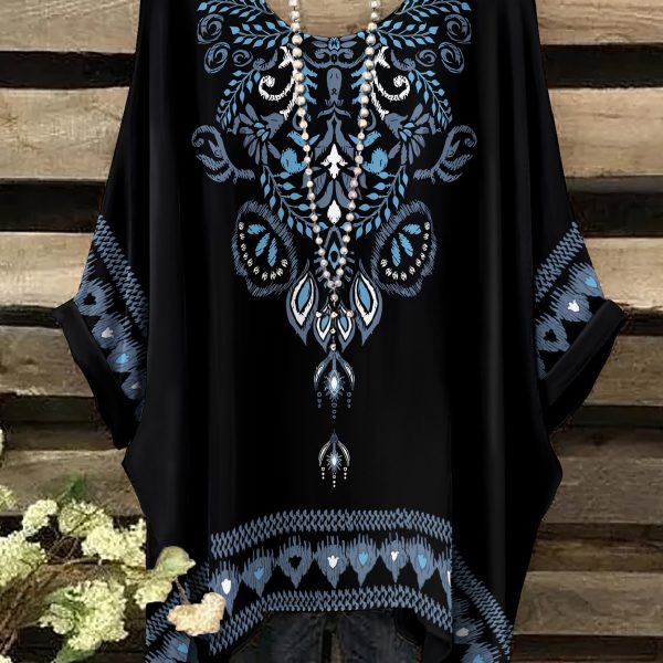 TEMU Plus Size - Women's Plus Size Bohemian Print Tunic Top - Black With Geometric Patterns, Short Sleeve, Round Neck, Casual & Comfortable, Summer
