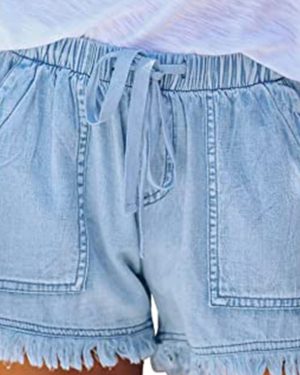TEMU Plus Size Womens Washed Denim Shorts, Casual Drawstring Elastic Waist Frayed Hem Loose Short Jeans