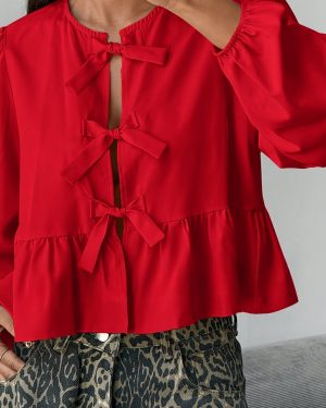 TEMU Self-patterned Sleeve Blouse With Bow, Suitable For Women, Long-sleeve Top