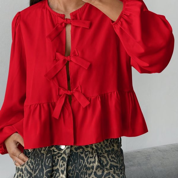 TEMU Self-patterned Sleeve Blouse With Bow, Suitable For Women, Long-sleeve Top