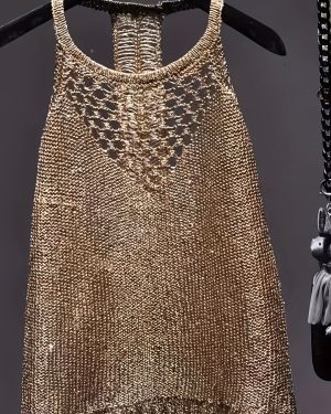 TEMU Sexy Open Back Halter Neck Top - Semi-sheer Golden Mesh With Cut-out Details, Lightweight Stretchy Polyester Summer Tank Top For Women, Hand