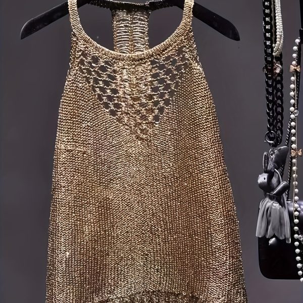 TEMU Sexy Open Back Halter Neck Top - Semi-sheer Golden Mesh With Cut-out Details, Lightweight Stretchy Polyester Summer Tank Top For Women, Hand