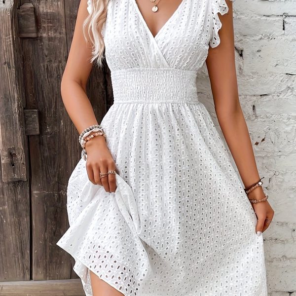 TEMU Shirred Waist Hollow A-line Dress, Vacation V Neck Ruffle Sleeve Dress For , Women's Clothing Wedding Graduation Engagement Party Holiday