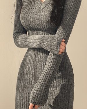 TEMU Solid Knit Sweater Dress, Elegant V Neck Long Sleeve Bodycon Dress For Fall & Winter, Women's Clothing
