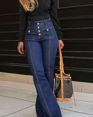 TEMU Spring 2025 New Women's High Waist Flared Pants - Button Detail Casual Pants, Solid Color Machine Washable Suitable For Daily And Formal