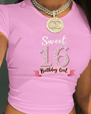 TEMU Sweet 16 Birthday Y2k Graphic Crop Top - Black Geometric Pattern With Glitter Accents, Stretchy Fit, Machine Washable Women's Fashion Tee For