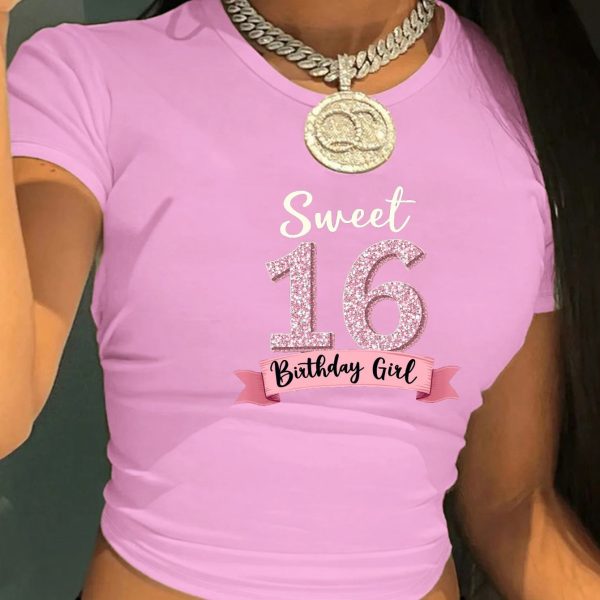 TEMU Sweet 16 Birthday Y2k Graphic Crop Top - Black Geometric Pattern With Glitter Accents, Stretchy Fit, Machine Washable Women's Fashion Tee For