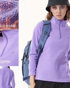 TEMU Tectop Women's Fleece Sweater Long-sleeve Pullover - Polar Classic-fit Quarter-zip Soft Lightweight Winter Top, High Neck Embroidery Detail,
