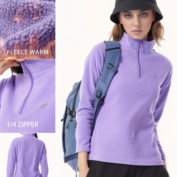 TEMU Tectop Women's Fleece Sweater Long-sleeve Pullover - Polar Classic-fit Quarter-zip Soft Lightweight Winter Top, High Neck Embroidery Detail,
