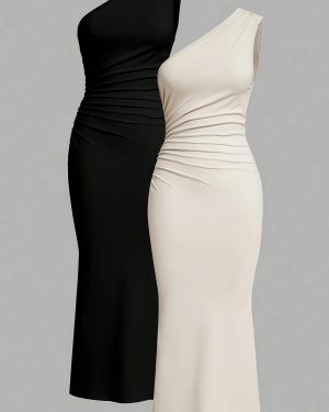 TEMU Two-piece Off-shoulder Asymmetrical Pleated Dress Long Skirt Versatile Slim-fitting Dress