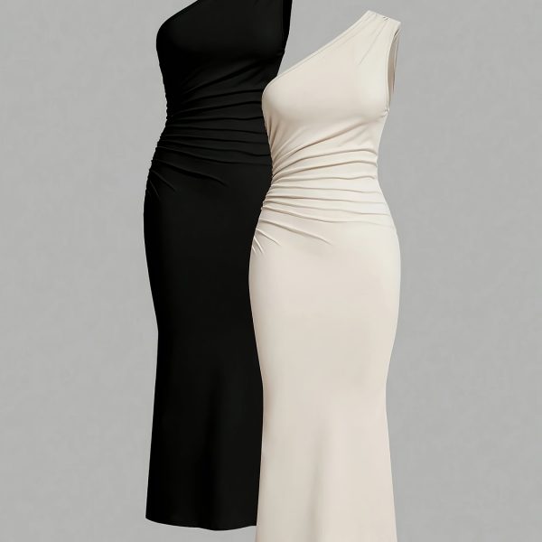 TEMU Two-piece Off-shoulder Asymmetrical Pleated Dress Long Skirt Versatile Slim-fitting Dress