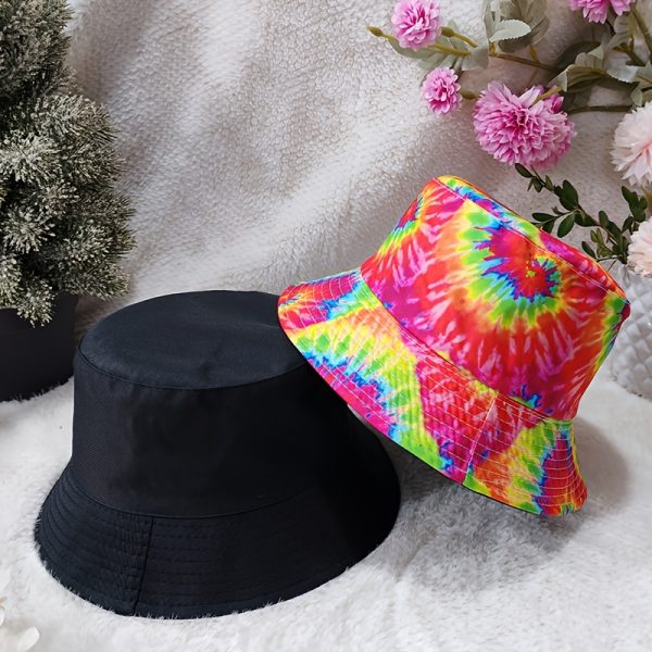 TEMU Vibrant Tie-dye Pattern Reversible Bucket Hat - Stylish & Funky Unisex Design, Couples, Polyester Material, Hand-washable, Colorful Floral Print