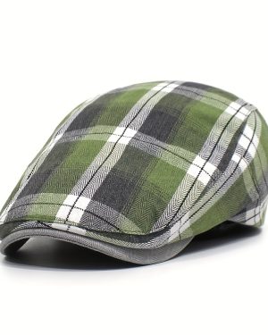 TEMU Vintage Beret Hat For - Lightweight Summer British Style Casual Cap, Hand Washable, Polyester, Orange/ Check Pattern, Beret Ca