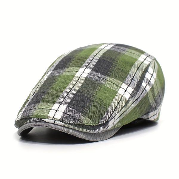 TEMU Vintage Beret Hat For - Lightweight Summer British Style Casual Cap, Hand Washable, Polyester, Orange/ Check Pattern, Beret Ca
