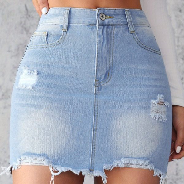 TEMU Women' Blue Multi-pocket Ripped Tassel Denim Skirt - Style Summer Skirt With Button Closure, Machine Washable & Dry , Non-stretch Fabric For ,