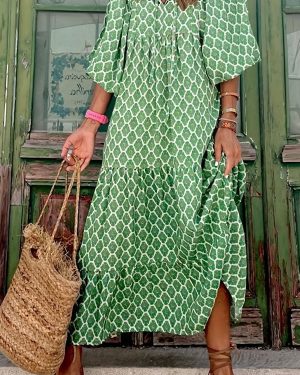 TEMU Women' Floral Print Maxi Dress With V-neck, Sleeves, And Tiered Skirt - Spring/summer Parties, Dates, And Vacations, Casual , Casual |floral