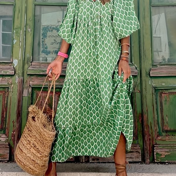 TEMU Women' Floral Print Maxi Dress With V-neck, Sleeves, And Tiered Skirt - Spring/summer Parties, Dates, And Vacations, Casual , Casual |floral