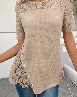TEMU Women' Lace Detail Knit Top - Elegant Pastel Green, Short Sleeve, Round Neck, Long Tunic With Floral Embroidery, Casual Wear, Casual Wear