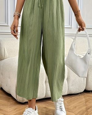TEMU Women' Olive Green Cropped Wide-leg Pants - Casual Straight Fit, , Casual , Casual Attire | Cropped Pants |