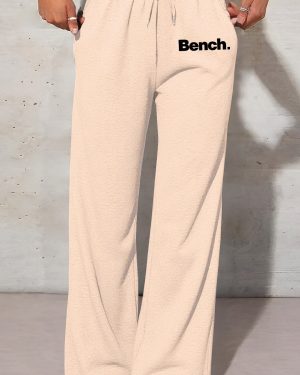 TEMU Women' Straight-leg Joggers With "bench." Print - Cozy Fleece-lined Drawstring Sweatpants For Fall/winter, Beige Casual Pants With Elastic
