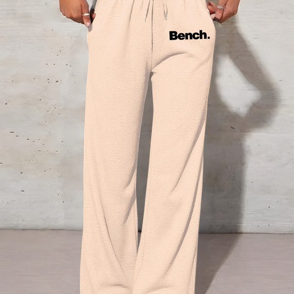 TEMU Women' Straight-leg Joggers With "bench." Print - Cozy Fleece-lined Drawstring Sweatpants For Fall/winter, Beige Casual Pants With Elastic