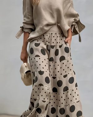 TEMU Women' Two-piece Outfit: Chic Long-sleeve Top With Pockets, Wide-leg Pants, And Colorful Polka Dot Print - Vacation And Casual Attire, Casual