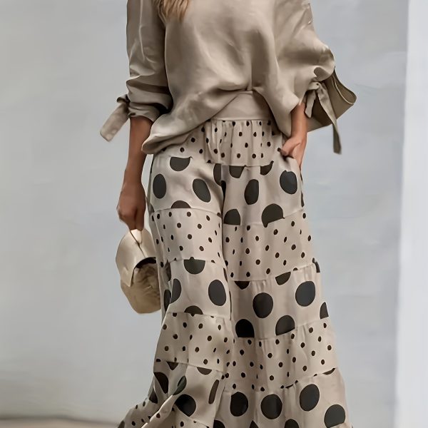 TEMU Women' Two-piece Outfit: Chic Long-sleeve Top With Pockets, Wide-leg Pants, And Colorful Polka Dot Print - Vacation And Casual Attire, Casual