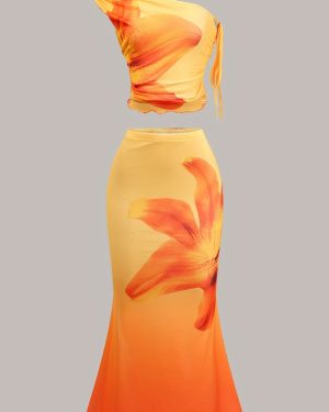 TEMU Women's 2pcs Floral Tie-dye Mesh Crop Top & Mermaid Maxi Dress Set - Asymmetrical Neckline, Detail, Vacation And Casual Attire, Casual
