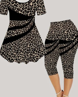 TEMU Women's 3d Leopard Print Short Sleeve Crop Top & High-waisted Flared Pants Set - Stretchy Polyester Blend, Animal Print, Spring/summer/fall,