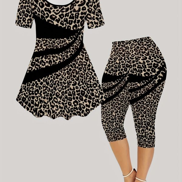TEMU Women's 3d Leopard Print Short Sleeve Crop Top & High-waisted Flared Pants Set - Stretchy Polyester Blend, Animal Print, Spring/summer/fall,