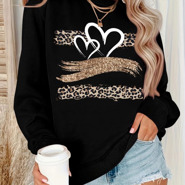 TEMU Women's Casual Crew Neck Graphic Print Sweatshirt - Leopard & Glitter , Relaxed Fit Long Sleeve Pullover For Spring/fall, Machine Washable, Cute