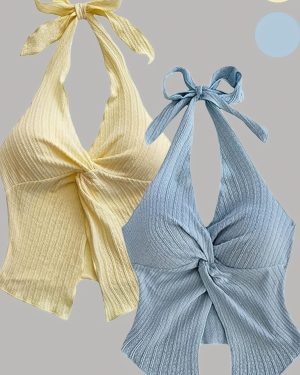 TEMU Women's Casual Halter Neck Camisole Top - High Elasticity Lightweight Smooth Texture, Machine Washable, Versatile Wear In Yellow & Light Blue,