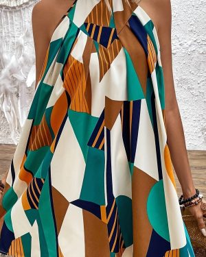 TEMU Women's Casual Halter Neck Dress - Geometric Print A-line Summer Dress With Backless Design, Machine Washable Lightweight Fabric For Beach,
