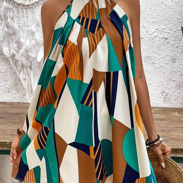 TEMU Women's Casual Halter Neck Dress - Geometric Print A-line Summer Dress With Backless Design, Machine Washable Lightweight Fabric For Beach,