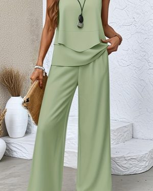 TEMU Women's Casual Light Green Printed Sleeveless Top + Solid Color Flared Pants