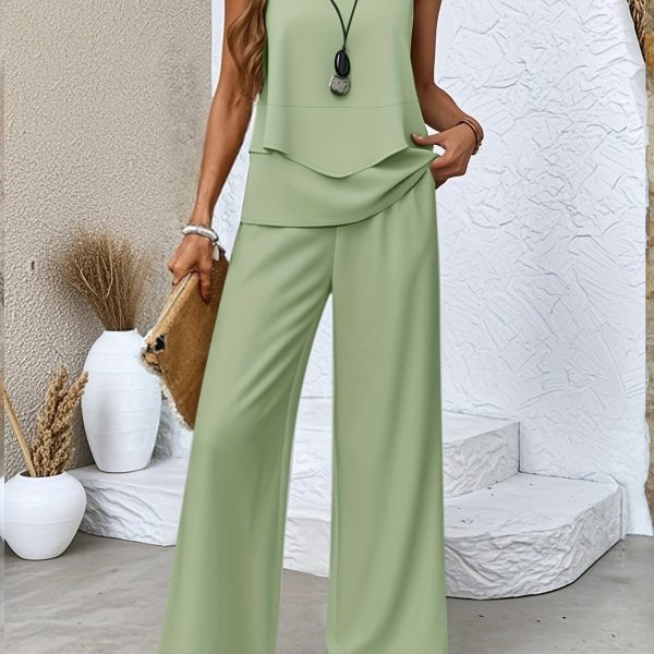 TEMU Women's Casual Light Green Printed Sleeveless Top + Solid Color Flared Pants