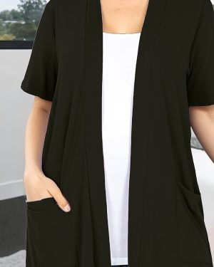 TEMU Women's Casual Spring/summer Cardigan With Pockets - Light Gray, Short Sleeve, Oversized, Comfortable Knit Top For Casual Attire, Casual Wear |