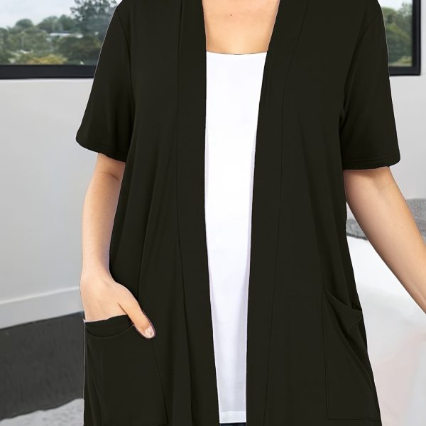 TEMU Women's Casual Spring/summer Cardigan With Pockets - Light Gray, Short Sleeve, Oversized, Comfortable Knit Top For Casual Attire, Casual Wear |