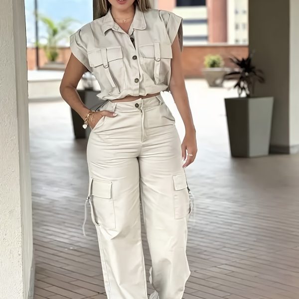 TEMU Women's Chic Utility-inspired Suit - Sleeveless Crop Top With Wide-leg Cargo Pants, , Solid Color, Spring/summer Fashion, Pocket Detail, Casual