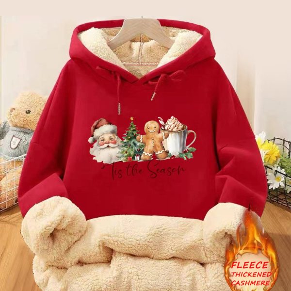 TEMU Women's Christmas Themed Hooded Sweatshirt, 100% Polyester Knit Fabric, Stretch, Alphabet Pattern, , Fall/winter Thickened Velvet, Cozy Sports