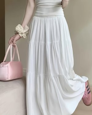 TEMU Women's Elegant A-line Tiered Cake Skirt - High Waist Flared Umbrella Skirt, Mid-length Fluffy Layered Design, Solid Color, Machine Washable,
