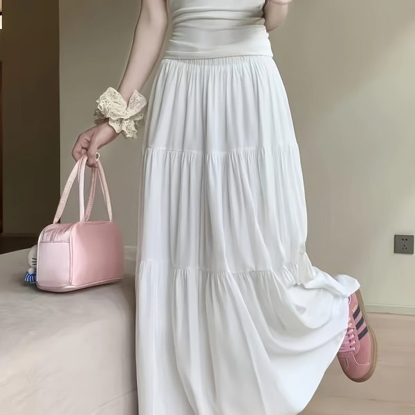 TEMU Women's Elegant A-line Tiered Cake Skirt - High Waist Flared Umbrella Skirt, Mid-length Fluffy Layered Design, Solid Color, Machine Washable,
