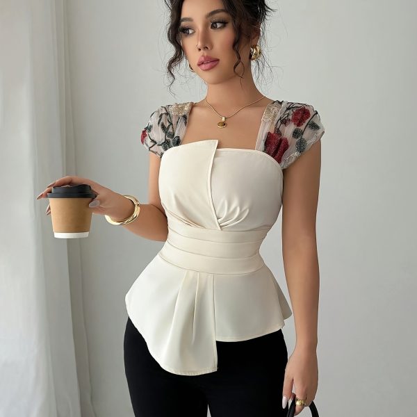 TEMU Women's Elegant Asymmetrical Hem Embroidered Mesh Panel Blouse - Square Neck Summer Top With Tailored Waist, Machine Washable Solid Color Shirt