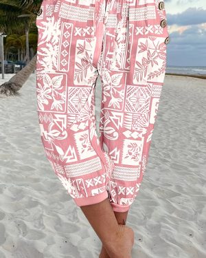 TEMU Women's Elegant Geometric Print Cropped Pants - High-waisted With Ribbed Detail, Machine Washable, Black & White Patterns, Tropical Getaways,