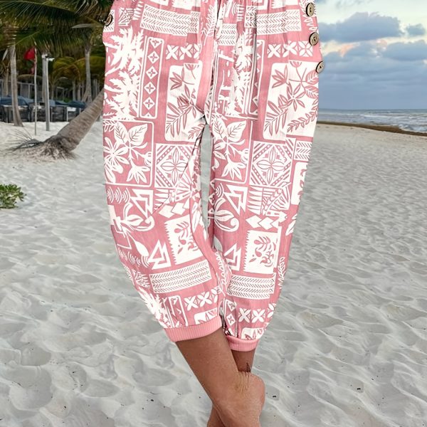 TEMU Women's Elegant Geometric Print Cropped Pants - High-waisted With Ribbed Detail, Machine Washable, Black & White Patterns, Tropical Getaways,