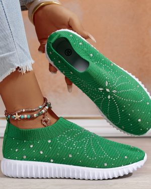 TEMU Women's Elegant Green Knit Slip-on Sneakers With Sparkling Embellishments - Breathable Low-top Walking Shoes, Eva Soft Sole, , Round Toe Design,